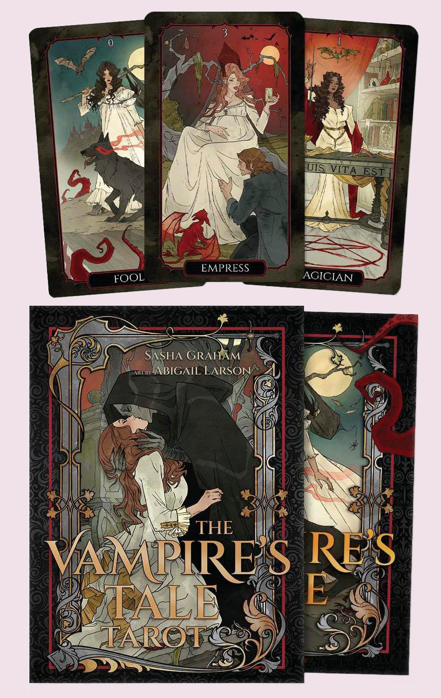The Vampire’s Tale Tarot deck and box with the Fool, Empress, and Magician cards