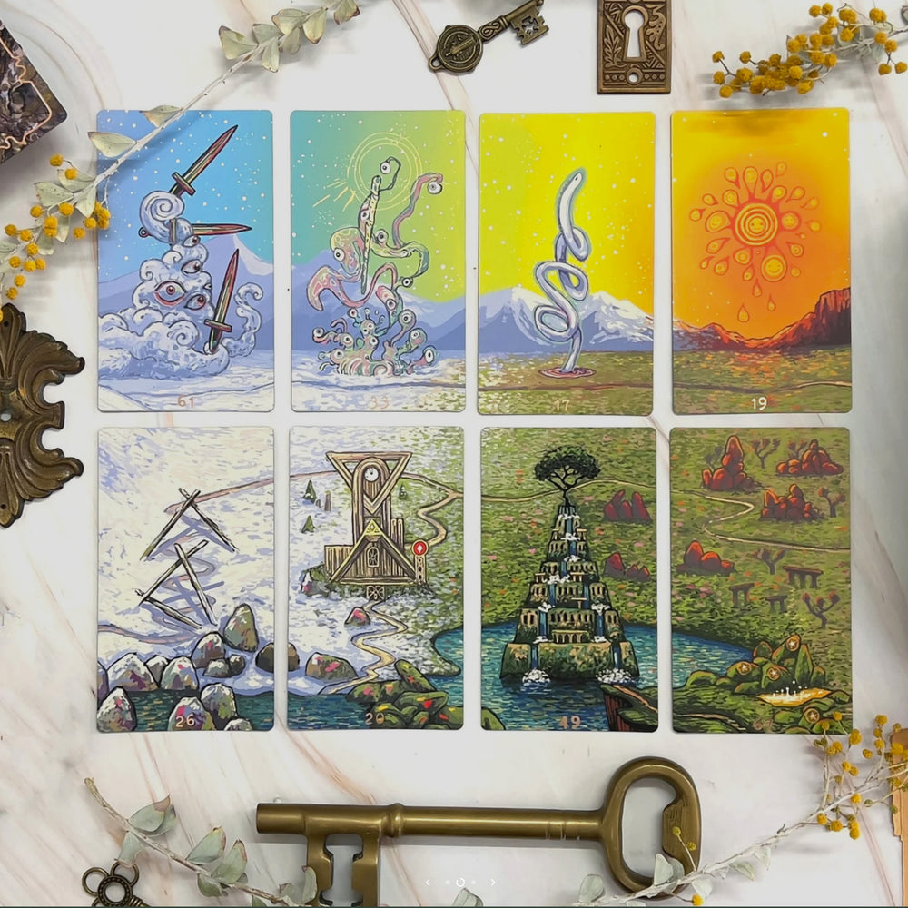 Eight illustrated cards from Oracle of Many Paths by James R. Eads featuring surreal landscapes and symbolic pathways.