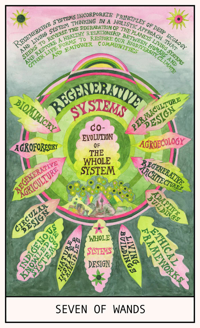 HEXEN 5.0 Seven of Wands card illustrating regenerative systems, permaculture design, and holistic ecological frameworks for planetary renewal