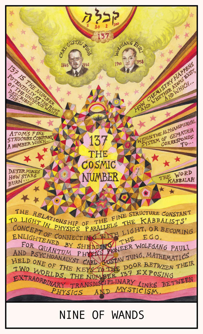 HEXEN 5.0 Nine of Wands card exploring the cosmic number 137, linking physics, mysticism, and the relationship between light and consciousness