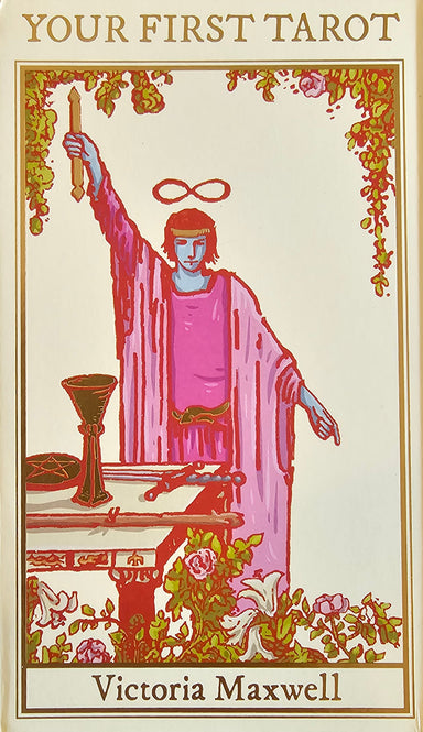 Book cover of 'Your First Tarot' by Victoria Maxwell with a stylized illustration of a figure in a pink robe.