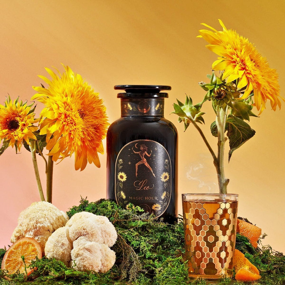 Leo Astrology Loose Leaf Herbal Tea – Queen of Courage Tea of the Sun – Violet Glass Apothecary Jar