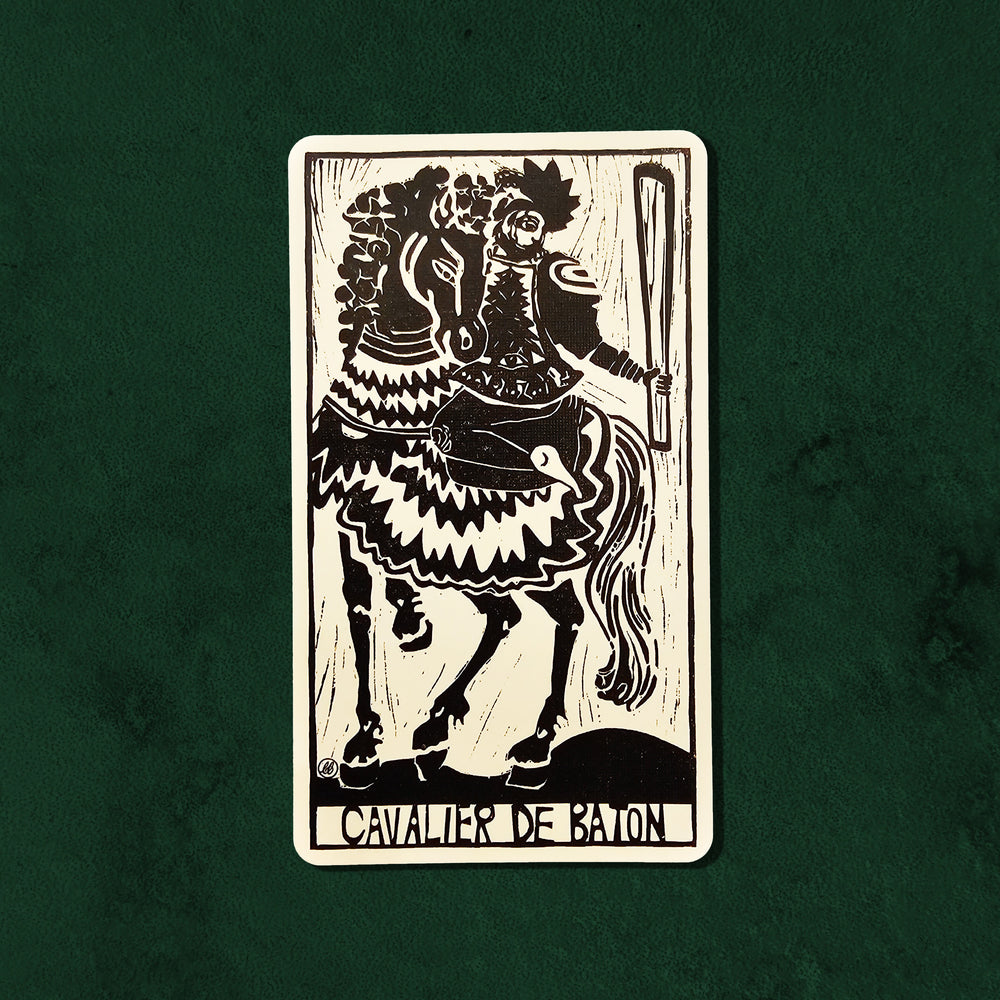 Cavalier de Baton (Knight of Batons) card from the Lux Tarot, featuring a mounted rider in bold hand-carved linocut artwork.