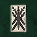 Five of Swords (Cinq d'Épées) card from the Lux Tarot, showing five crossed swords in a striking hand-carved linocut composition