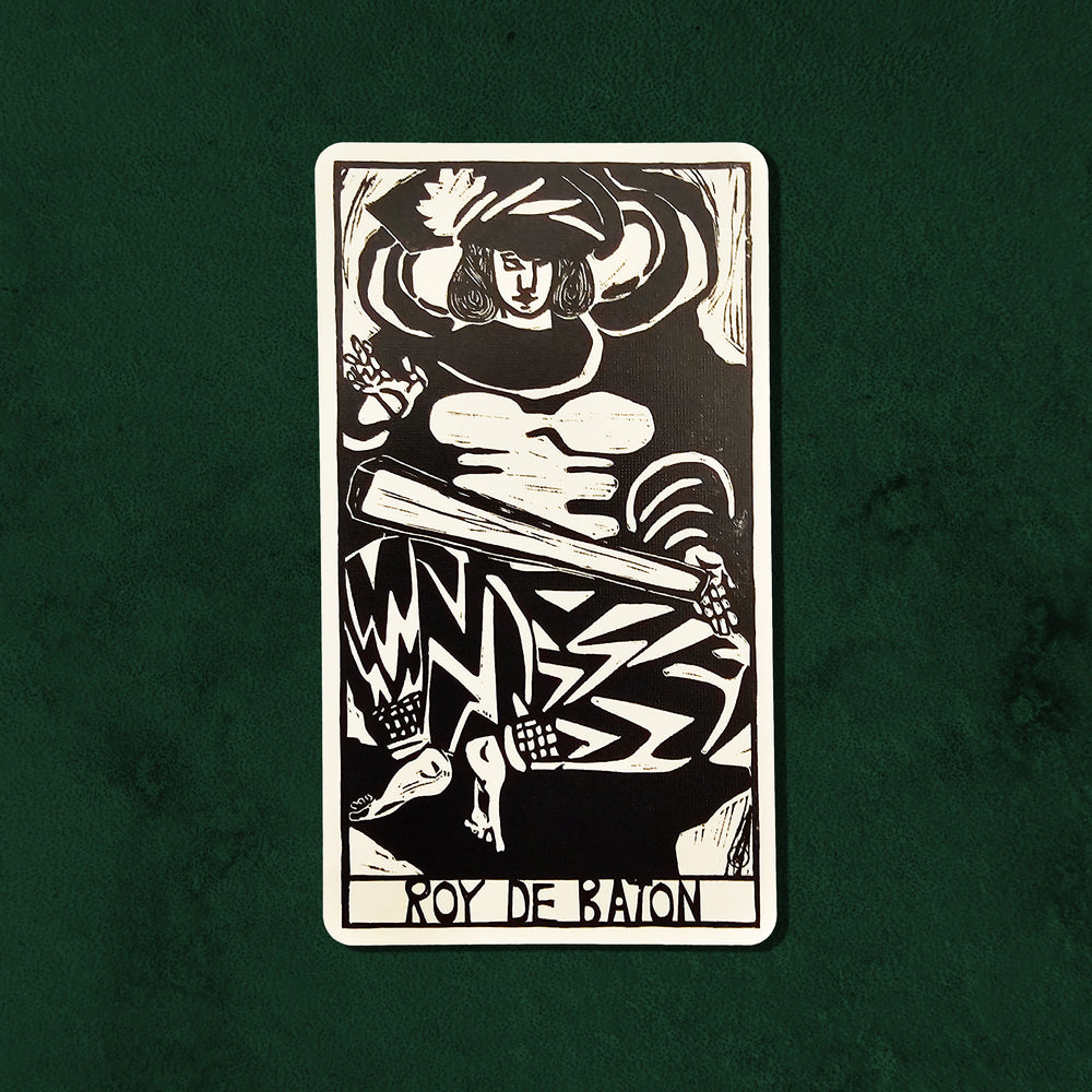 Roy de Baton (King of Batons) card from the Lux Tarot, illustrated in UUSI's expressive hand-carved linocut style.