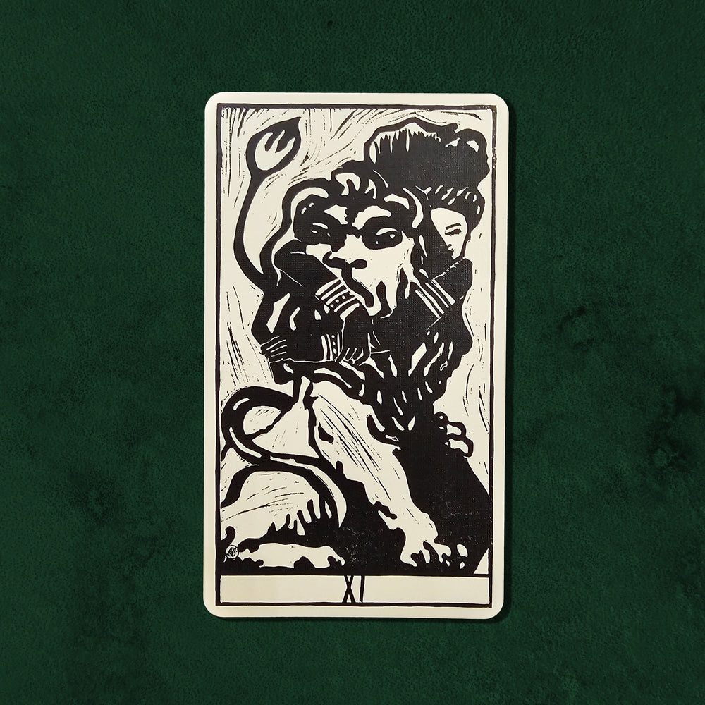 Strength (XI) card from the Lux Tarot, portraying a lion and serene figure in UUSI's expressive black-and-white hand-carved linocut artwork.