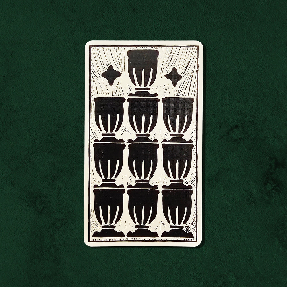 Ten of Cups (Dix de Coupes) card from the Lux Tarot, depicting ten ceremonial cups arranged in a geometric pattern inspired by the Tarot de Marseille.