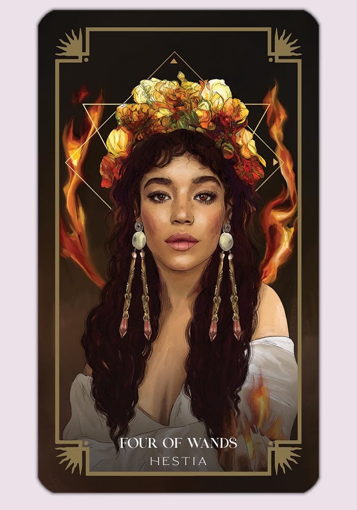 Mythos Tarot: The Four of Wands card featuring a Greek god, symbolizing celebration and harmony