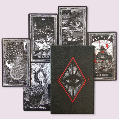 Night Visions Tarot Second Edition card set displayed with multiple Major Arcana, Midnight card, and signature black and red box