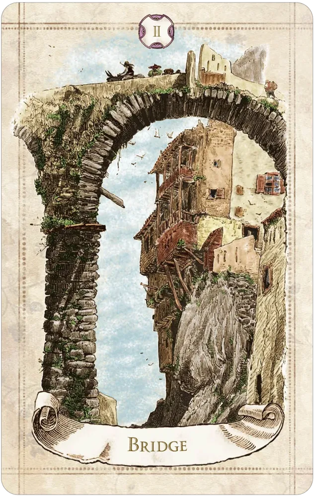 Vintage-style oracle card titled “Bridge” depicting a stone arch bridge connecting rocky structures and buildings suspended over open space.