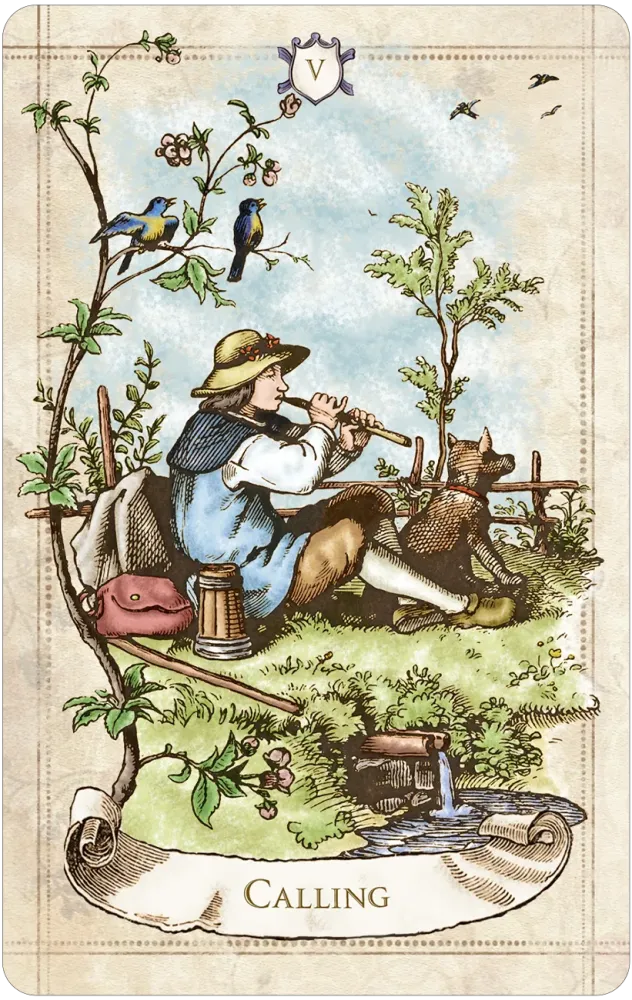 Vintage-style oracle card titled “Calling” depicting a traveler seated in a pastoral landscape, playing a flute beside a small dog, with birds in flowering branches overhead.