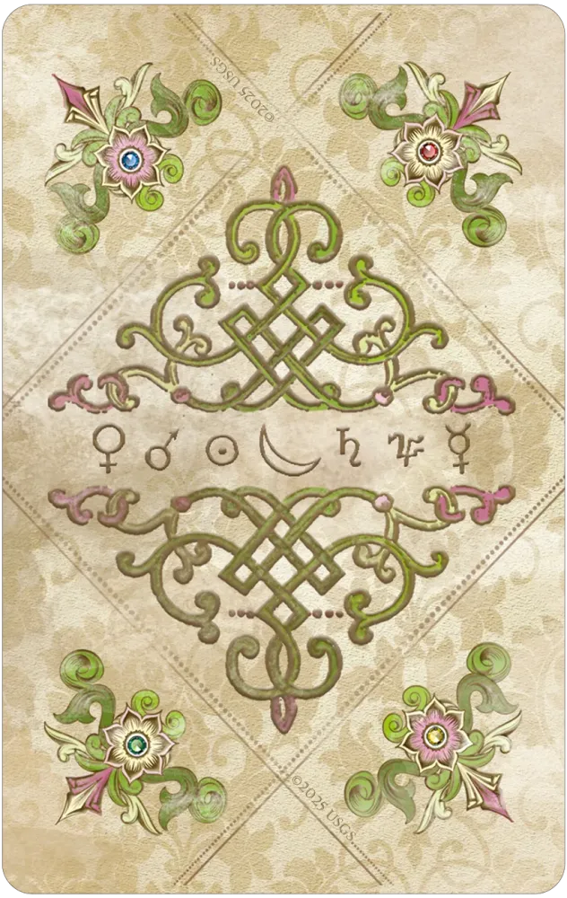 Card back design from Old Style Oracle featuring a symmetrical ornamental pattern with green scrollwork, floral motifs, and subtle astrological symbols.