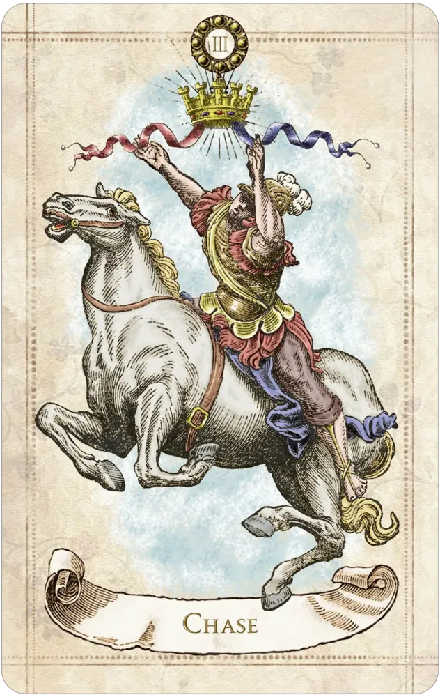 Vintage-style oracle card titled “Chase” showing a figure riding a rearing horse while reaching upward toward a floating crown with streaming ribbons.