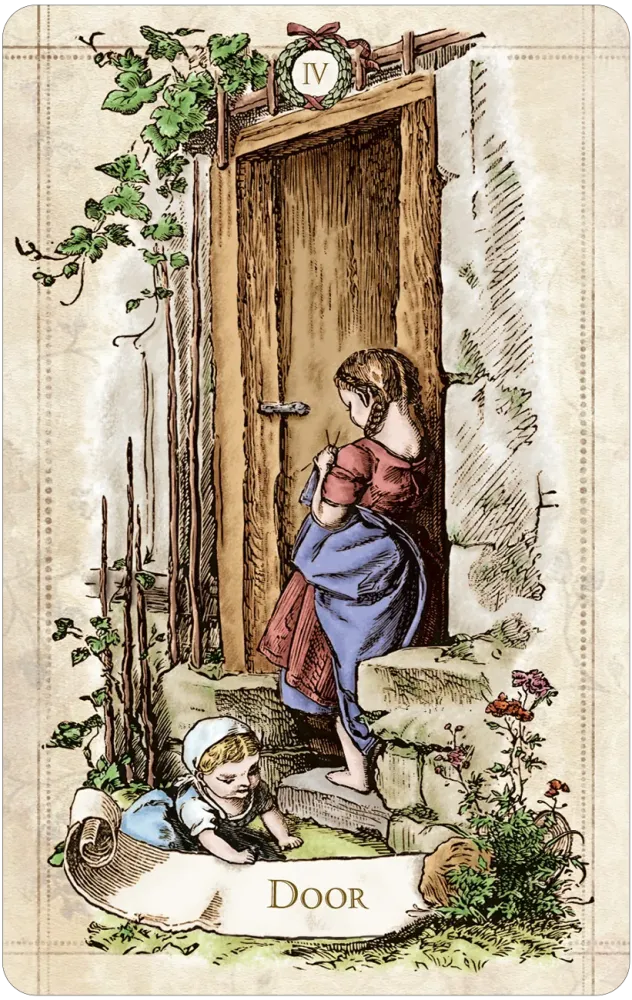 Vintage-style oracle card titled “Door” showing a woman standing before a wooden door while a small child crawls on the ground nearby among plants and flowers.
