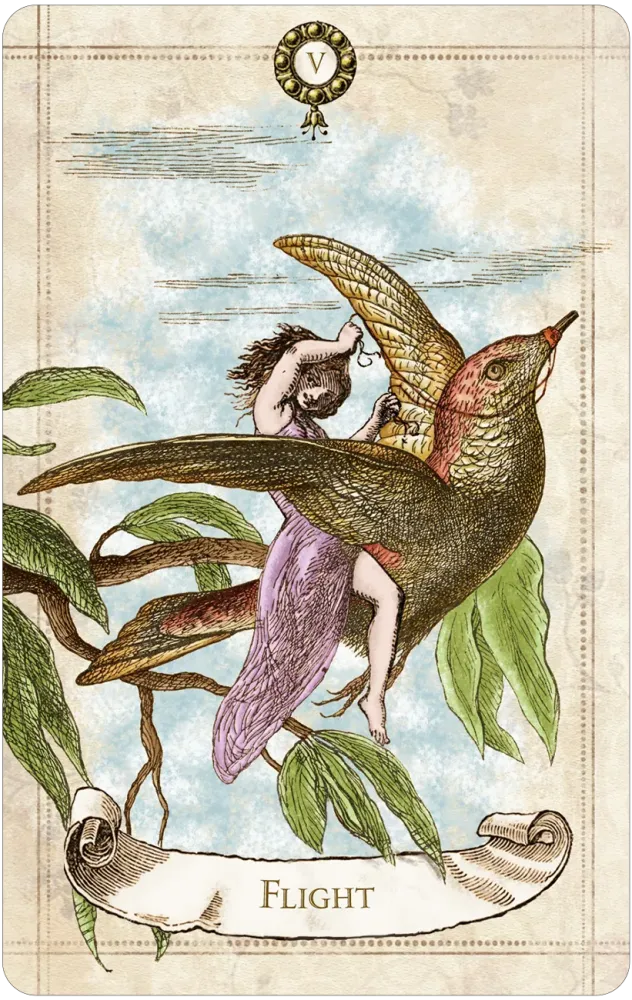 Vintage-style oracle card titled “Flight” showing a small winged figure riding on the back of a large bird in midair among leafy branches.