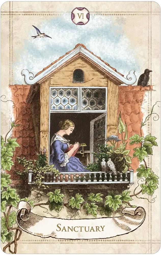 Vintage-style oracle card titled “Sanctuary” showing a woman seated inside a small wooden structure surrounded by greenery, with birds perched nearby.