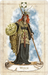Vintage-style oracle card titled “Witch” depicting a standing figure holding a staff and shield, dressed in layered garments with a headdress and long red hair.