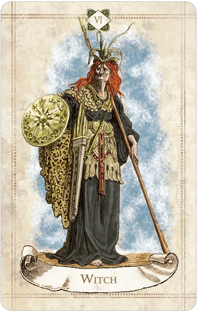 Vintage-style oracle card titled “Witch” depicting a standing figure holding a staff and shield, dressed in layered garments with a headdress and long red hair.