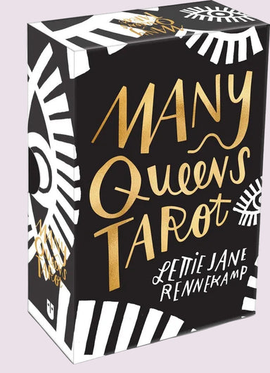 Black and white box of 'Many Queens Tarot' with gold text