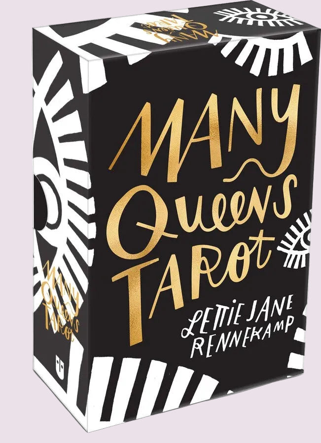 Black and white box of 'Many Queens Tarot' with gold text