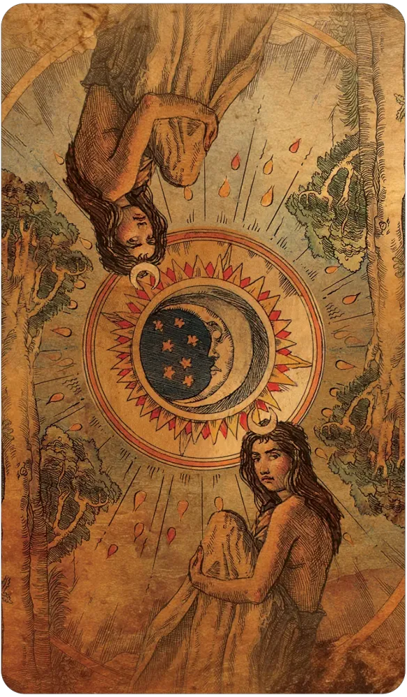 The back of the Cards from the Baddeley Tarot:  Shows an amber Moon in the center with two women crowned with a crescent moon in the upper left and upper right creating a symmetrical image