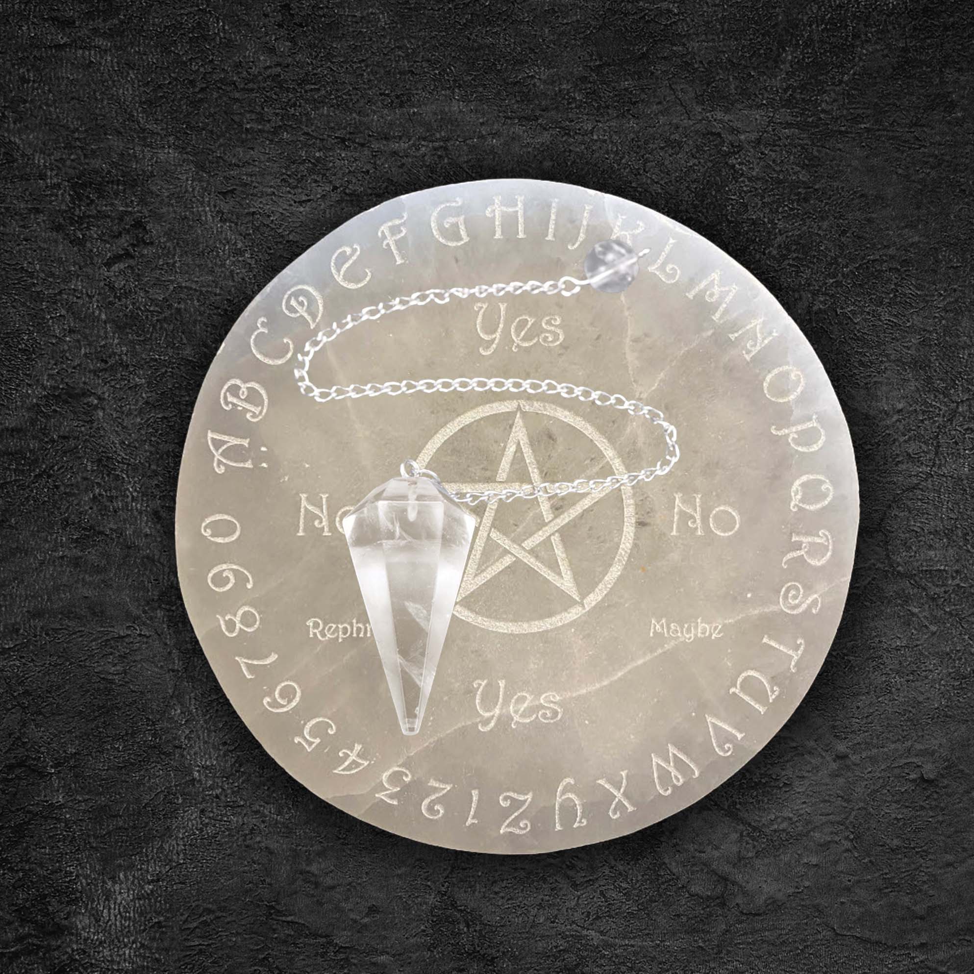 4 inch Engraved Selenite Disc With Crystal Pendulum Kit Dowsing