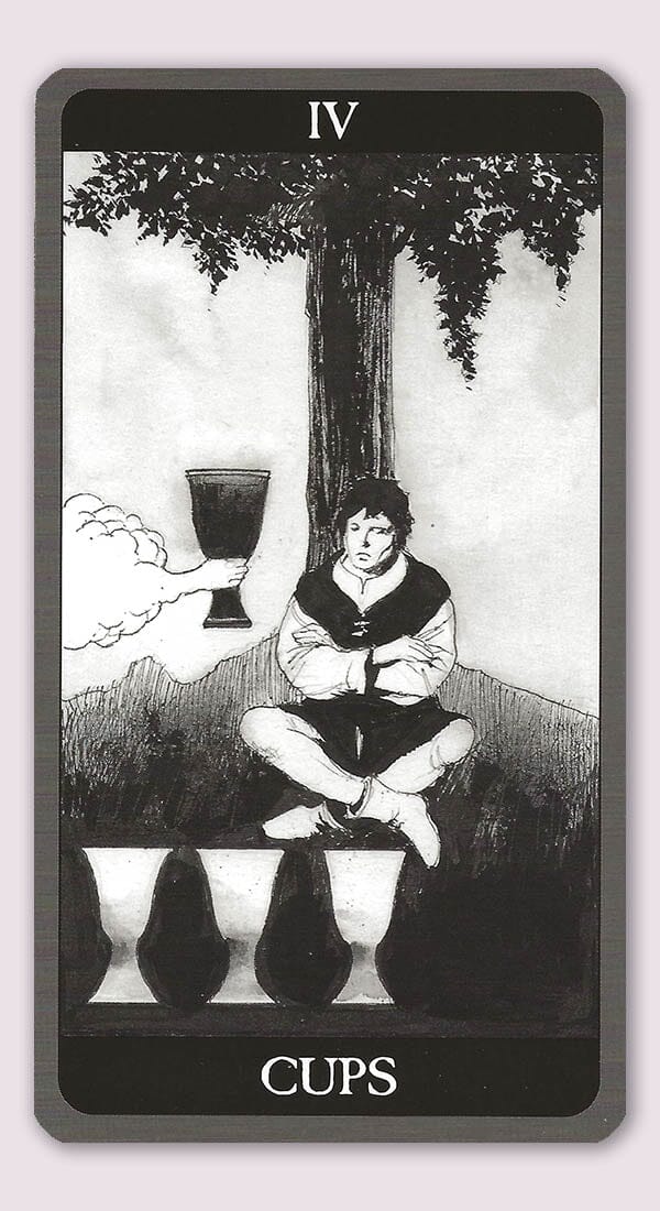 The Dark Side of Tarot Deck featuring the Four of Cups with eerie, gothic imagery